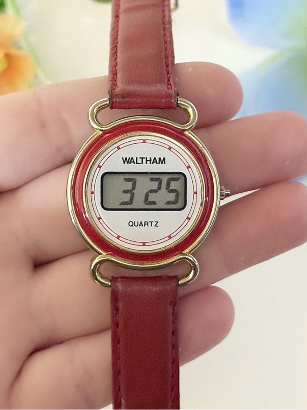Vintage Waltham Digital LCD Red Leather Watch WORKS! Retro Chic 1980s Timepiece